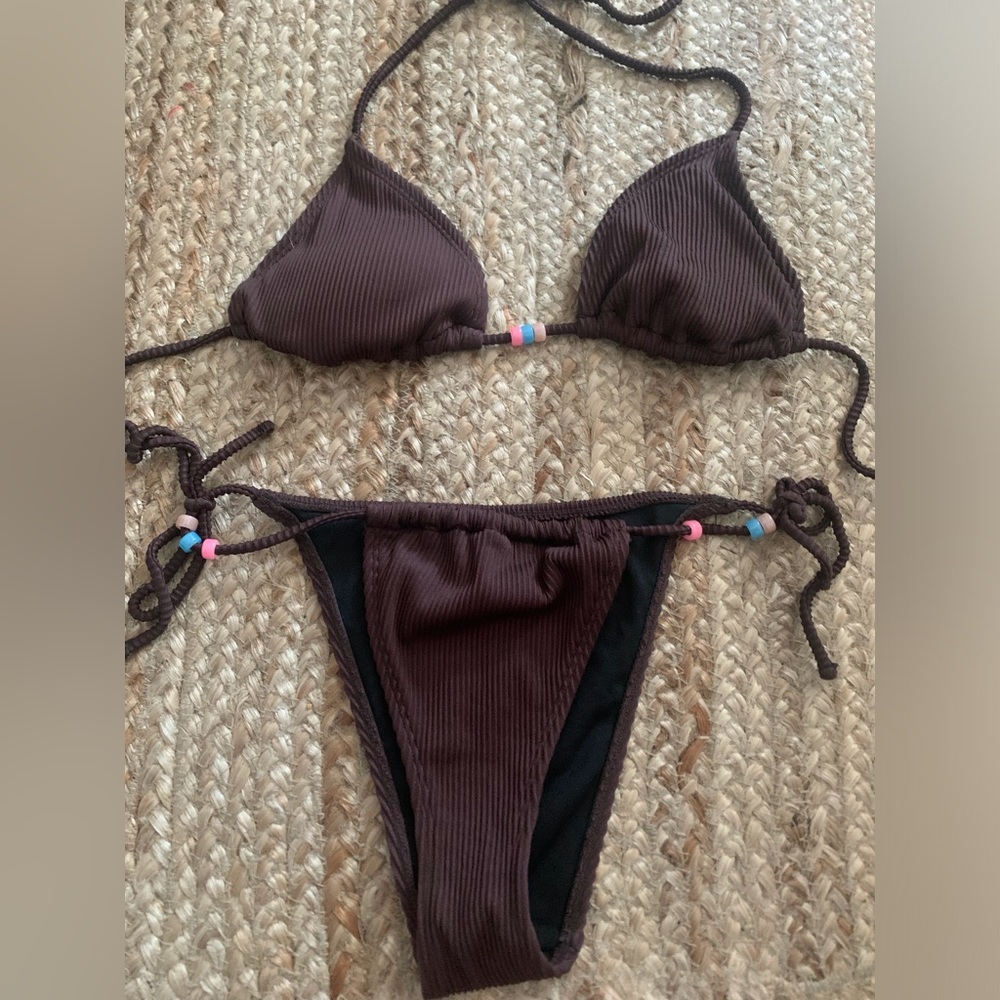 MOTF Chocolate Brown Ribbed Triangle Tie-Side Bikini